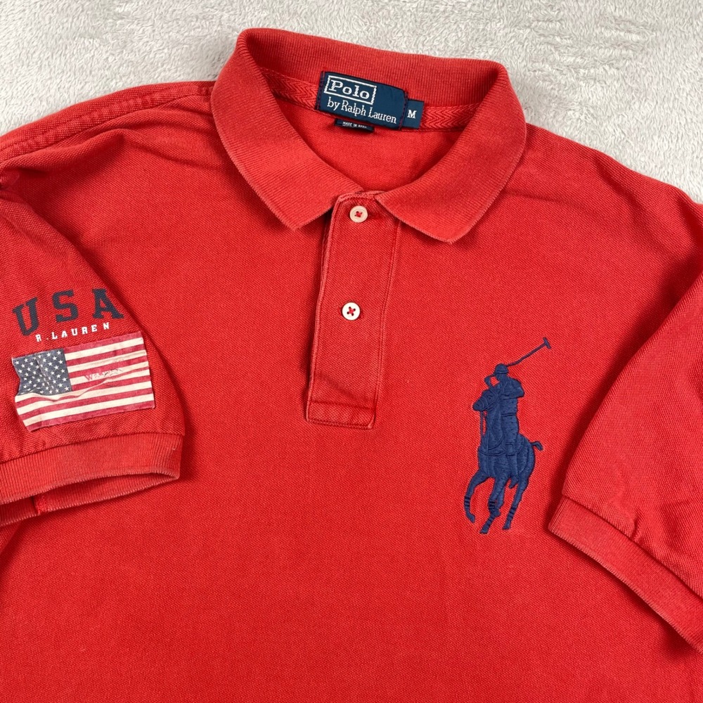 Vintage Polo Ralph Lauren Shirt Mens Medium Red Big Pony USA Flag Preppy Faded